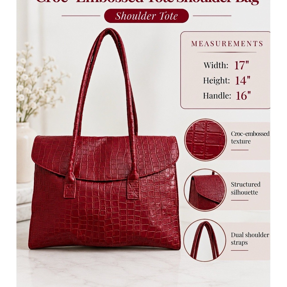 Women's Large Burgundy Crocodile Embossed Tote Bag Shoulder Strap Lined Pockets